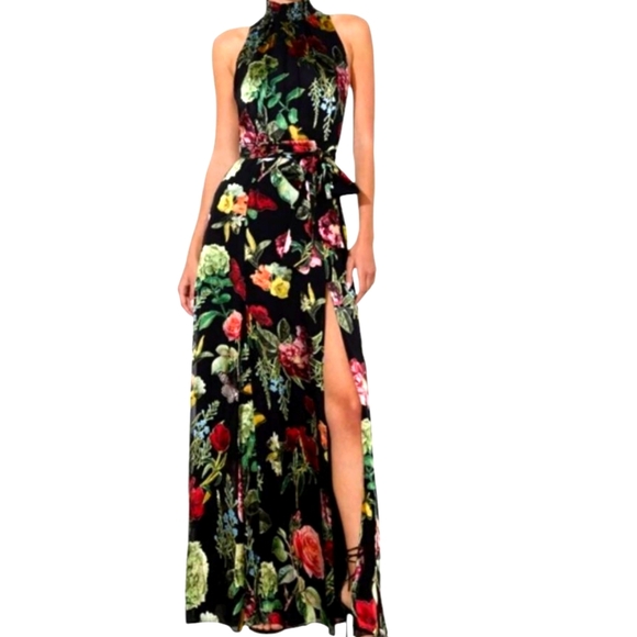 Alice & Olivia Dita Smocked Neck Godet Maxi Velvet Burnout Floral Dress Sizr 12 - Picture 1 of 17